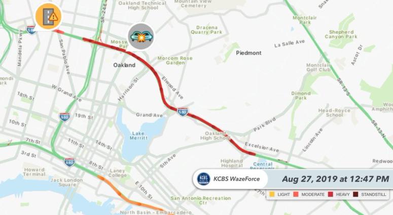 A police chase and crash on I-580 in Oakland led to the closure of the westbound freeway for hours on Aug. 27, 2019. A police chase and crash on I-580 in Oakland led to the closure of the westbound freeway for hours on Aug. 27, 2019.