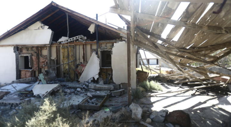 An earthquake-damaged house in Trona, CA following the 7.1M Ridgecrest earthquake on July 5, 2019 An earthquake-damaged house in Trona, CA following the 7.1M Ridgecrest earthquake on July 5, 2019