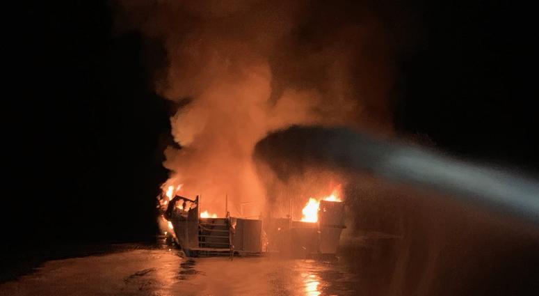 In this handout provided by Ventura County Fire Department, the 75-foot Conception, based in Santa Barbara Harbor, burns after catching fire early September 2, 2019 anchored off Santa Cruz Island, California. In this handout provided by Ventura County Fire Department, the 75-foot Conception, based in Santa Barbara Harbor, burns after catching fire early September 2, 2019 anchored off Santa Cruz Island, California.
