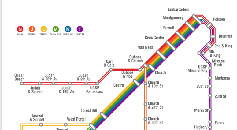 Equality California has started a petition to get Muni to change the color scheme of its rail network to match the colors of the LGBTQ Pride flag. Equality California has started a petition to get Muni to change the color scheme of its rail network to match the colors of the LGBTQ Pride flag.