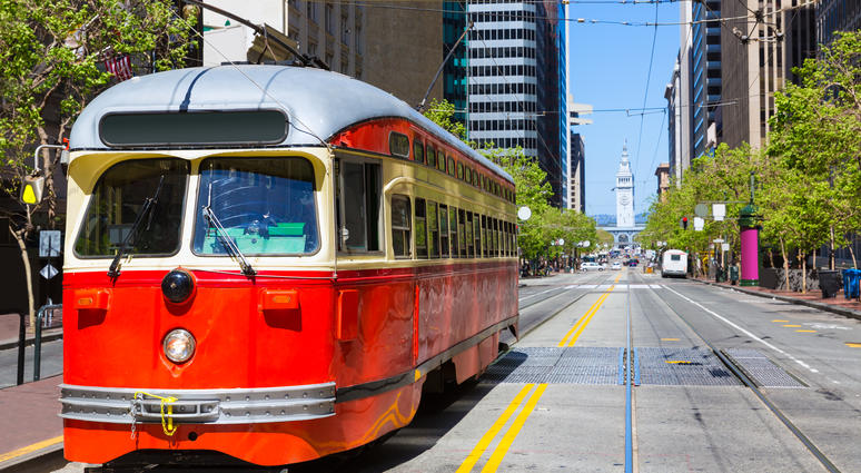 San Francisco, CA - Cable Car on Market Street, with Ferry Building in background Cable Car, Market Street SF
