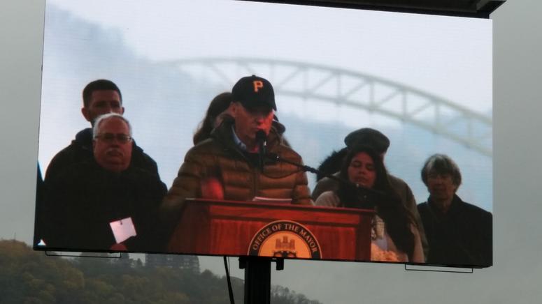 Actor Michael Keaton speaks During Pittsburgh' Peace and Unity Rally at Point State Park