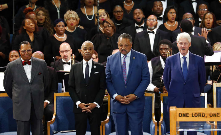 Louis Farrakhan, from left, Rev. Al Sharpton, Rev. Jesse Jackson and former President Bill Clinton attend the funeral service for Aretha Franklin Louis Farrakhan, from left, Rev. Al Sharpton, Rev. Jesse Jackson and former President Bill Clinton attend the funeral service for Aretha Franklin