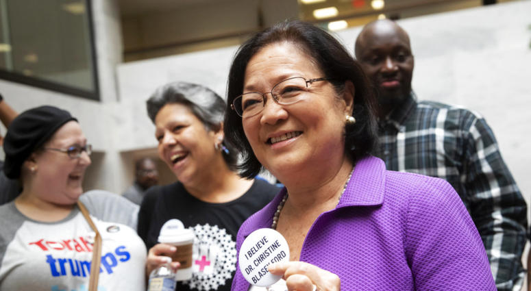 Sen. Mazie Hirono, D-Hawaii, a member of the Senate Judiciary Committee, is welcomed by protesters opposed to President Donald Trump's Supreme Court nominee, Brett Kavanaugh. DO NOT USE