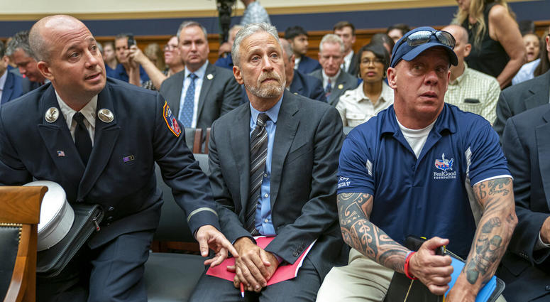 Entertainer and activist Jon Stewart lends his support to firefighters, first responders and survivors of the September 11 terror attacks at a hearing by the House Judiciary Committee as it considers permanent authorization of the Victim Compensation Fund Entertainer and activist Jon Stewart lends his support to firefighters, first responders and survivors of the September 11 terror attacks at a hearing by the House Judiciary Committee as it considers permanent authorization of the Victim Compensation Fund