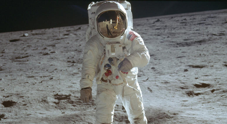 In this July 20, 1969 photo made available by NASA, astronaut Buzz Aldrin, lunar module pilot, walks on the surface of the moon during the Apollo 11 extravehicular activity. In this July 20, 1969 photo made available by NASA, astronaut Buzz Aldrin, lunar module pilot, walks on the surface of the moon during the Apollo 11 extravehicular activity.