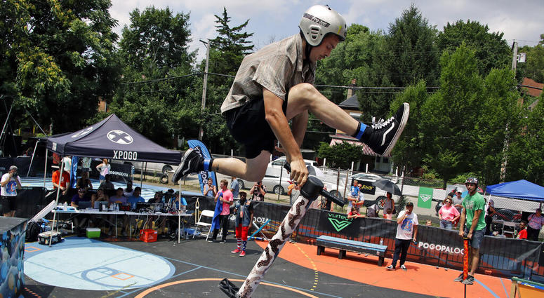 Dalton Smith, 22, of Nashville, Tenn., performs during during Pogopalooza, The World Championships of Pogo in Wilkinsburg, Pa., Saturday, July 20, 2019.