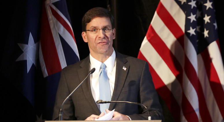 U.S. Defense Secretary Mark Esper briefs the media at a press conference following annual bilateral ministerial talks in Sydney, Australia, Sunday, Aug. 4, 2019. AP DO NOT USE