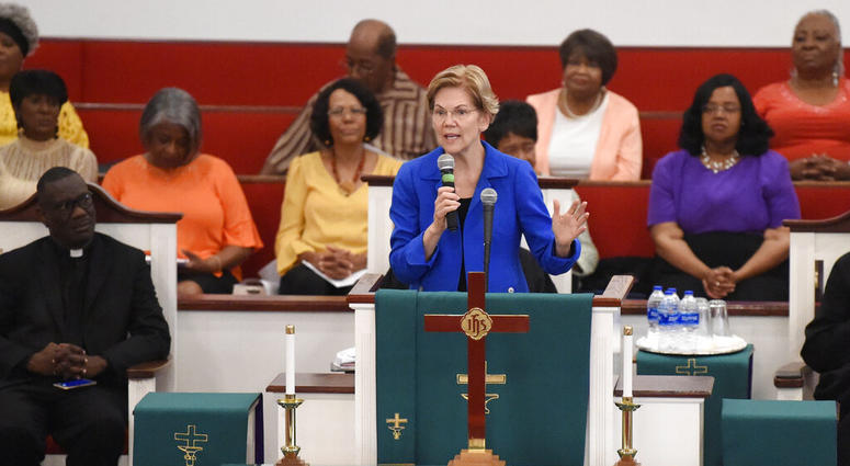 Democratic presidential hopeful Elizabeth Warren addresses congregants at Reid Chapel AME Church on Sunday, Aug. 18, 2019, in Columbia, S.C.