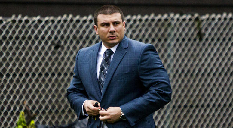 In this May 13, 2019, file photo New York City police officer Daniel Pantaleo leaves his house Monday, May 13, 2019,