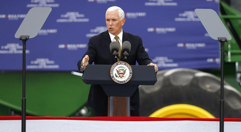 Vice President Mike Pence speaks during a visit to the Manning Farms, Wednesday, Oct. 9, 2019, in Waukee, Iowa. Vice President Mike Pence speaks during a visit to the Manning Farms, Wednesday, Oct. 9, 2019, in Waukee, Iowa.