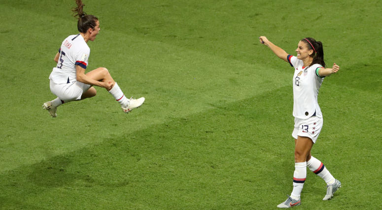 Alex Morgan and Kelley O'hara of the USA celebrate following victory in the 2019 FIFA Women's World Cup France Quarter Final match between France and USA Alex Morgan and Kelley O'hara of the USA celebrate following victory in the 2019 FIFA Women's World Cup France Quarter Final match between France and USA