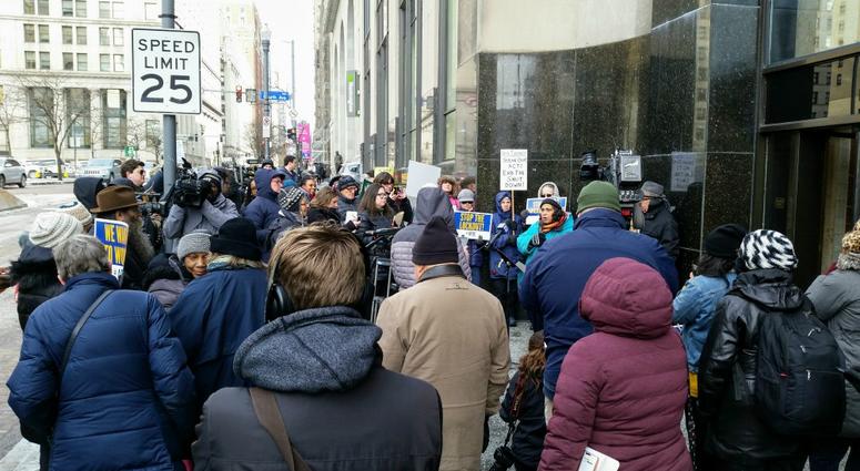 Several dozen demonstrators took to the street in front of U.S. Senator Pat Toomey’s office to urge him to vote to end the partial federal government shutdown. Several dozen demonstrators took to the street in front of U.S. Senator Pat Toomey’s office to urge him to vote to end the partial federal government shutdown.
