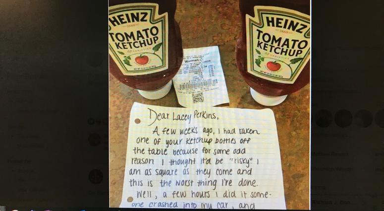 A ketchup thief offers an apology and two new bottles of Heinz. ketchup theft A ketchup thief offers an apology and two new bottles of Heinz. ketchup theft