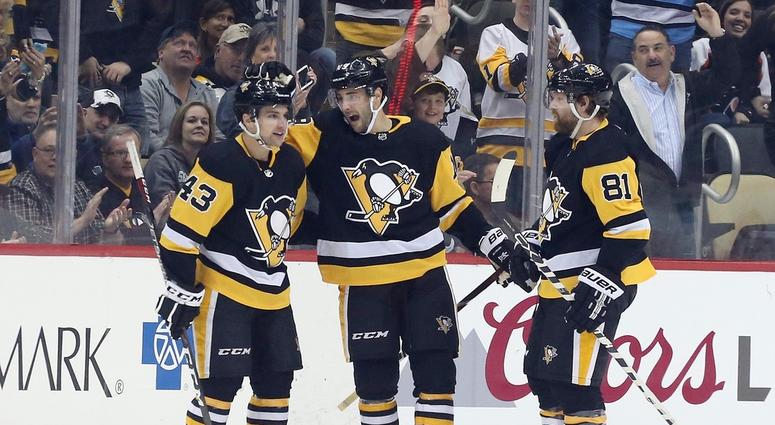 Sheary, Brassard and Kessel celebrate goal Sheary, Brassard and Kessel celebrate goal