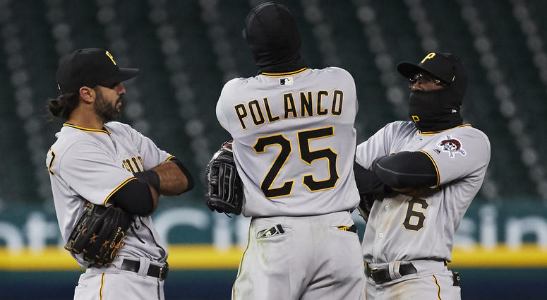 Pirates outfield celebration Pirates outfield celebration