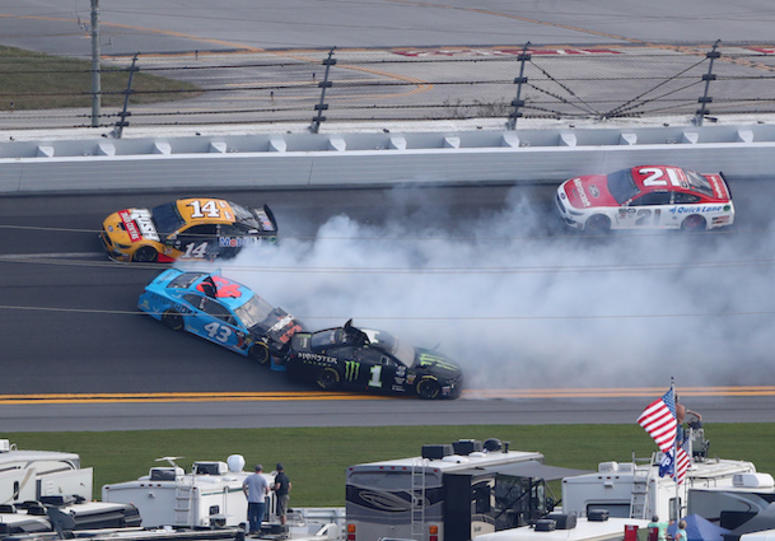 The No. 1 Monster Energy Chip Ganassi Racing Chevrolet Camaro Of Kurt Busch Collides With The No. 43 Richard Petty Racing Camaro Of Bubba Wallace At The 61st Daytona 500 The No. 1 Monster Energy Chevrolet Camaro Of Kurt Busch Makes Contact With The No. 43 Richard Petty Racing Camaro Of Bubba Wallace