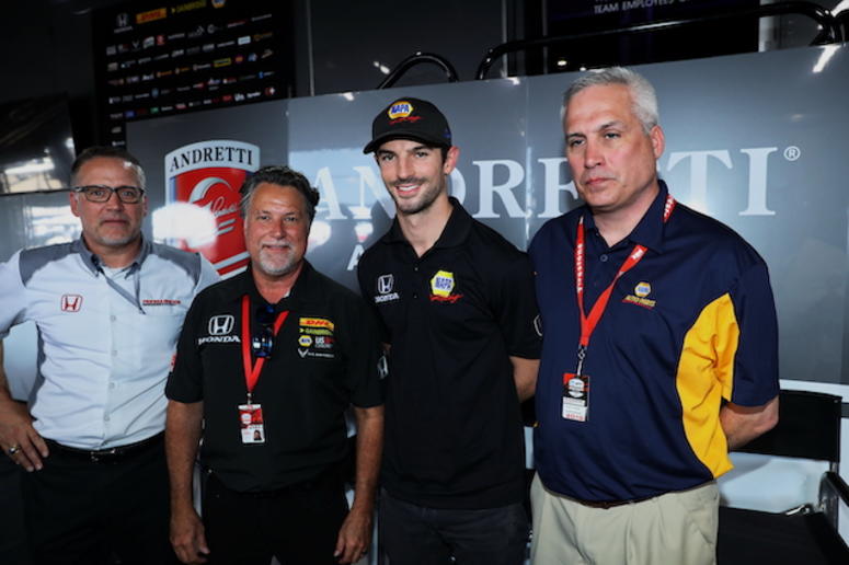 Andretti Autosport Chairman and CEO Michael Andretti and Alexander Rossi pose with executives from Honda and NAPA Auto Parts to announce the signing of Rossi to a multi-year contract. Andretti Autosport Chairman and CEO Michael Andretti and Alexander Rossi Agree To Multi-year Deal