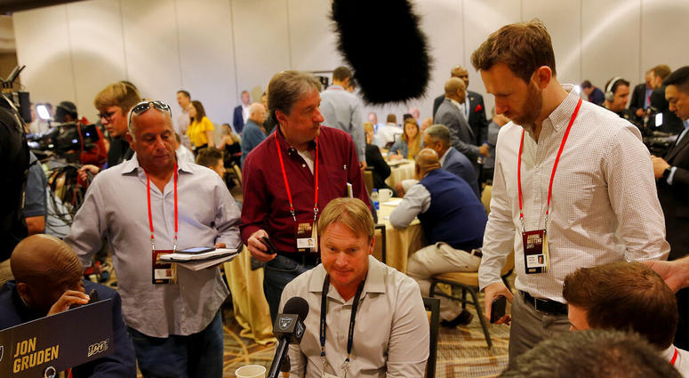 Oakland Raiders head coach Jon Gruden speaks to the media during the NFC/AFC coaches breakfast during the annual NFL football owners meetings, Tuesday, March 26, 2019, in Phoenix. DO NOT USE