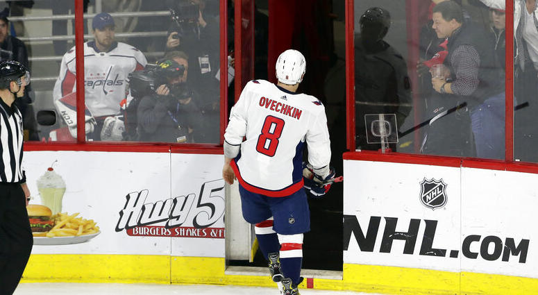 Alex Ovechkin (8), off Russia, leaves the ice following a penalty during the third period of Game 6 of an NHL hockey first-round playoff series against the Carolina Hurricanes in Raleigh, N.C., Monday, April 22, 2019. Carolina won 5-2. AP DO NOT