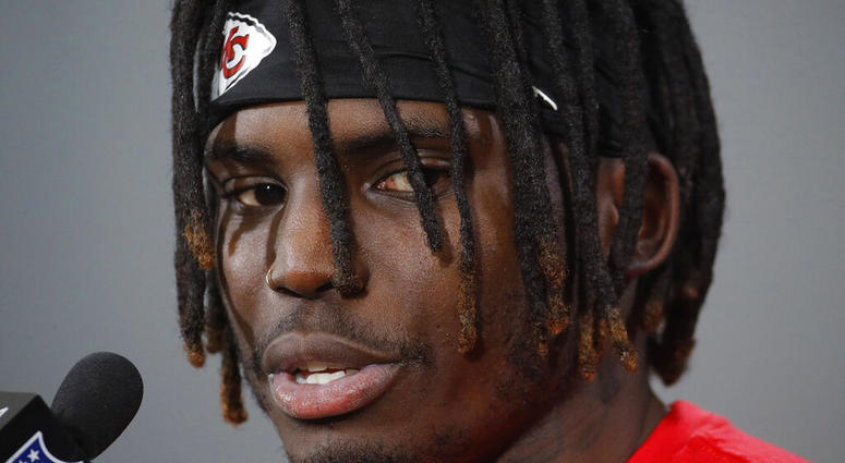 In this Jan. 18, 2019, file photo, Kansas City Chiefs wide receiver Tyreek Hill talks to the media after a workout in Kansas City, Mo. The Kansas City Chiefs have made a habit of inciting controversy during the NFL draft AP DO NOT USE