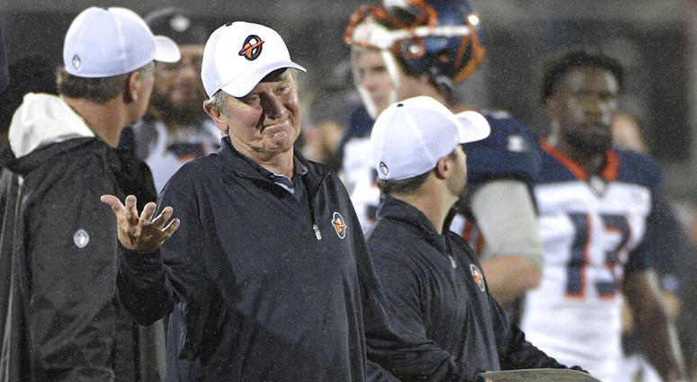n this Feb. 9, 2019, file photo, Orlando Apollos coach Steve Spurrier reacts after a play during the second half of the team's Alliance of American Football game against the Atlanta Legends, DO NOT USE