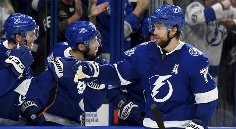 Tampa Bay Lightning defenseman Victor Hedman (77) celebrates after his goal during the third period of an NHL hockey game against the Arizona Coyotes DO NOT USE