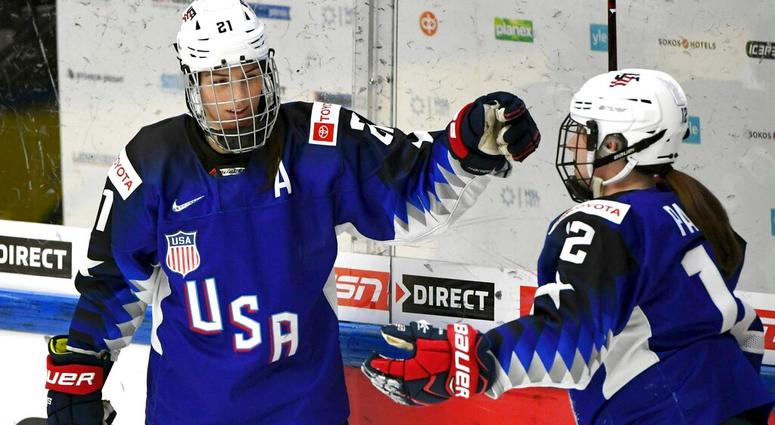 Goal scorer Hilary Knight, left, and assist Kelly Pannek of the U.S. celebrate game opening goal during the IIHF Women's Ice Hockey World Championships semifinal match between the United States and Russia in Espoo, Finland on Saturday, April 13, 2019. Goal scorer Hilary Knight, left, and assist Kelly Pannek of the U.S. celebrate game opening goal during the IIHF Women's Ice Hockey World Championships semifinal match between the United States and Russia in Espoo, Finland on Saturday, April 13, 2019.