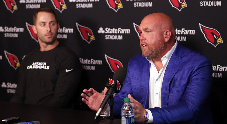 Arizona Cardinals head coach Kliff Kingsbury, left, and general manager Steve Keim discusses the upcoming NFL football draft during a news conference, Tuesday, April 16, 2019, in Tempe, Ariz. Arizona Cardinals head coach Kliff Kingsbury, left, and general manager Steve Keim discusses the upcoming NFL football draft during a news conference, Tuesday, April 16, 2019, in Tempe, Ariz.