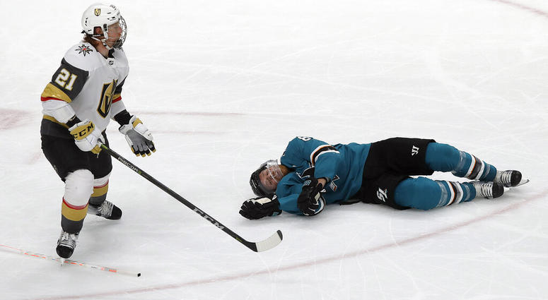 San Jose Sharks center Joe Pavelski, right, lies on the ice next to Vegas Golden Knights center Cody Eakin during the third period of Game 7 of an NHL hockey first-round playoff series in San Jose, Calif., Tuesday, April 23, 2019. San Jose Sharks center Joe Pavelski, right, lies on the ice next to Vegas Golden Knights center Cody Eakin during the third period of Game 7 of an NHL hockey first-round playoff series in San Jose, Calif., Tuesday, April 23, 2019.
