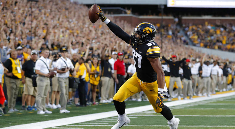 Iowa tight end Noah Fant scores on a 5-yard touchdown pass during the first half of an NCAA college football game against Northern Iowa, in Iowa City, Iowa. Fant is a possible pick in the 2019 NFL Draft. Iowa tight end Noah Fant scores on a 5-yard touchdown pass during the first half of an NCAA college football game against Northern Iowa, in Iowa City, Iowa. Fant is a possible pick in the 2019 NFL Draft.