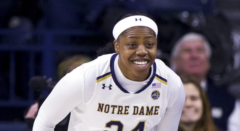 Notre Dame's Arike Ogunbowale runs downcourt after making a 3-pointer during an NCAA college basketball game against Duke in South Bend, Ind. Notre Dame's Arike Ogunbowale runs downcourt after making a 3-pointer during an NCAA college basketball game against Duke in South Bend, Ind.