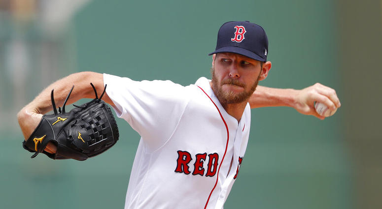 Boston Red Sox starting pitcher Chris Sale (41) works in the first inning of a spring training baseball game against the Atlanta Braves Saturday, March 16, 2019, in Fort Myers, Fla. ( Boston Red Sox starting pitcher Chris Sale (41) works in the first inning of a spring training baseball game against the Atlanta Braves Saturday, March 16, 2019, in Fort Myers, Fla. (