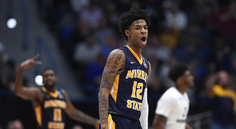 Murray State's Ja Morant (12) reacts during the first half of a first round men's college basketball game against Marquette in the NCAA tournament, Thursday, March 21, 2019, in Hartford, Conn Murray State's Ja Morant (12) reacts during the first half of a first round men's college basketball game against Marquette in the NCAA tournament, Thursday, March 21, 2019, in Hartford, Conn