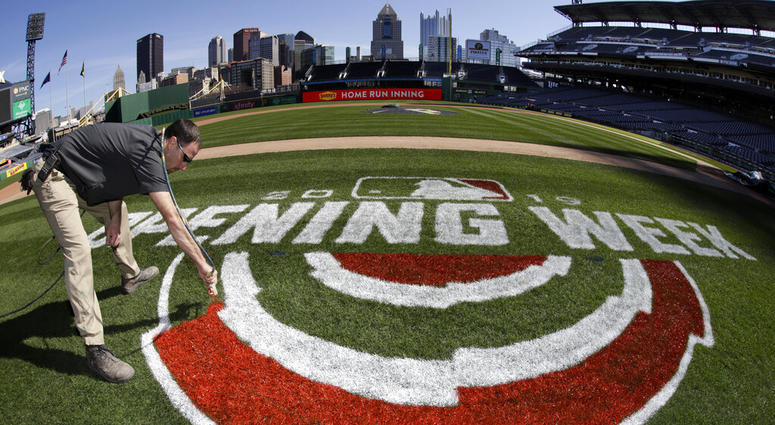 Andy Burnette, of the PNC Ground Crew paints, the Opening Week logo on the field at PNC Park Wednesday, March 27, 2019 in preparation for the Pittsburgh Pirates home-opener on Monday, April 1, against the St. Louis Cardinals Andy Burnette, of the PNC Ground Crew paints, the Opening Week logo on the field at PNC Park Wednesday, March 27, 2019 in preparation for the Pittsburgh Pirates home-opener on Monday, April 1, against the St. Louis Cardinals