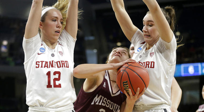 Missouri State's Alexa Willard (22) drives against Stanford's Lexie Hull (12) and Alanna Smith during the first half of a regional semifinal game in the NCAA women's college basketball tournament, Saturday, March 30, 2019, in Chicago. Missouri State's Alexa Willard (22) drives against Stanford's Lexie Hull (12) and Alanna Smith during the first half of a regional semifinal game in the NCAA women's college basketball tournament, Saturday, March 30, 2019, in Chicago.