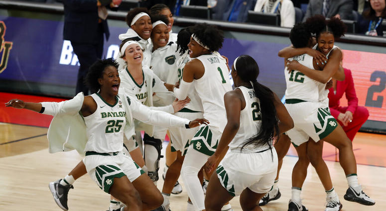 Baylor players celebrate their 72-67 win over Oregon during a Final Four semifinal of the NCAA women’s college basketball tournament Friday, April 5, 2019, in Tampa, Fla. Baylor players celebrate their 72-67 win over Oregon during a Final Four semifinal of the NCAA women’s college basketball tournament Friday, April 5, 2019, in Tampa, Fla.