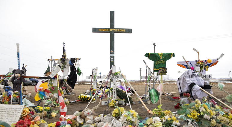A memorial is displayed for the victims of the Humboldt Broncos junior hockey team bus crash on the corner of highway 35 and highway 335 near Codette, Saskatchewan, Canada, on Saturday, April, 6, 2019. The Broncos' bus collided with a semi driven by a nov A memorial is displayed for the victims of the Humboldt Broncos junior hockey team bus crash on the corner of highway 35 and highway 335 near Codette, Saskatchewan, Canada, on Saturday, April, 6, 2019. The Broncos' bus collided with a semi driven by a nov