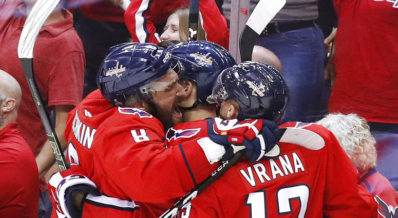 Washington Capitals forward Alex Ovechkin, left, of Russia, and Washington Capitals forward Jakub Vrana, right, of the Czech Republic, celebrate one of their team's goals against the Vegas Golden Knights DO NOT USE