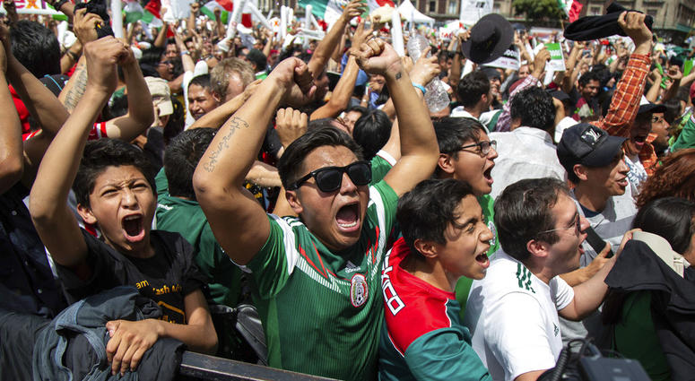 Fans celebrate Mexico's win during the Mexico vs. Germany World Cup soccer match, DO NOT USE