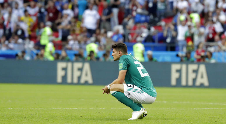 Germany's Mario Gomez on the pitch after the group F match between South Korea and Germany, at the 2018 soccer World Cup in the Kazan Arena in Kazan, Russia, DO NOT USE