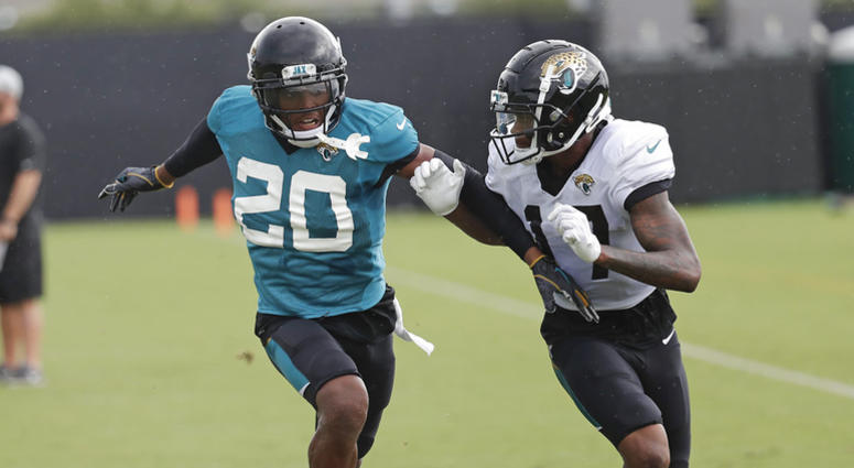 file photo, Jacksonville Jaguars cornerback Jalen Ramsey (20) defends against receiver D.J. Chark Jr. during a practice DO NOT USE