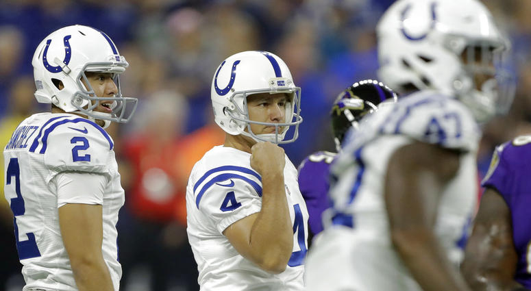 ndianapolis Colts kicker Adam Vinatieri (4) reacts to making a field goal against the Baltimore Ravens in the first half of an NFL preseason football game in Indianapolis, DO NOT USE