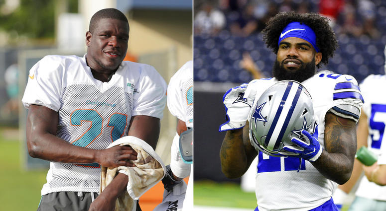 At left, in a July 30, 2018, file photo, Miami Dolphins running back Frank Gore towels off at the NFL football team's training camp, in Davie, Fla. At right, in an Aug. 30, 2018, file photo, Dallas Cowboys running back Ezekiel Elliott (21) warms up before DO NOT USE