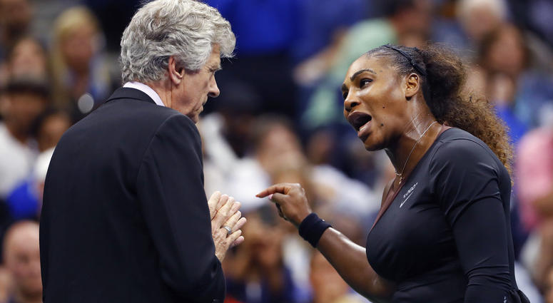 In this Saturday, Sept. 8, 2018, file photo, Serena Williams, right, talks with referee Brian Earley during the women's final of the U.S. Open tennis tournament against Naomi Osaka DO NOT USE
