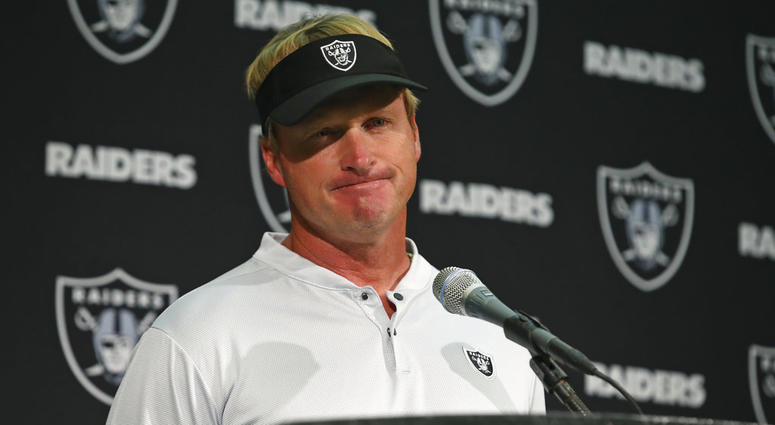 Oakland Raiders head coach Jon Gruden answers questions during a news conference after an NFL football game against the Los Angeles Rams in Oakland, Calif., Monday, Sept. 10, 2018. Los Angeles won the game 33-13. DO NOT USE