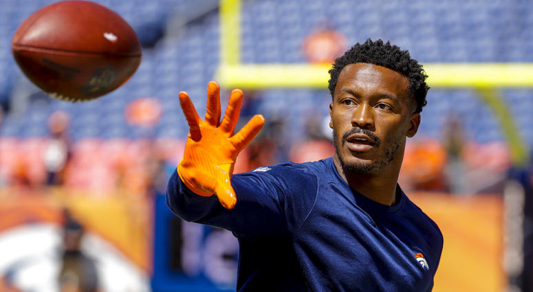 Denver Broncos wide receiver Demaryius Thomas (88) catches a pass before an NFL football game against the Seattle Seahawks in Denver. DO NOT USE