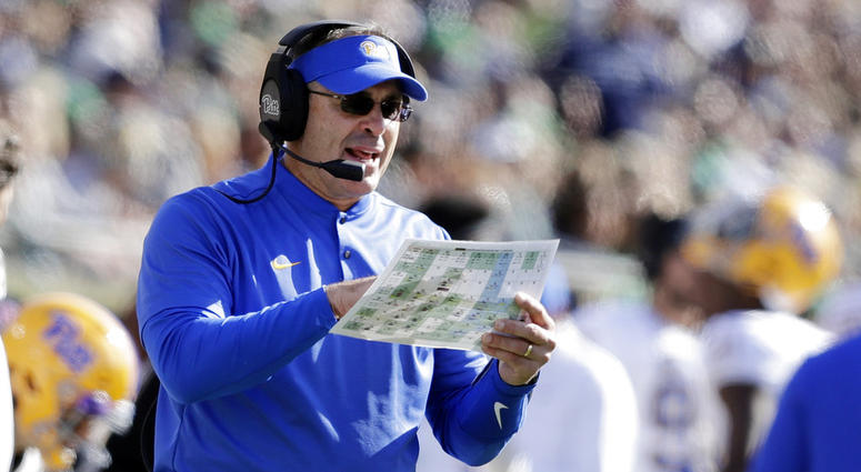 ittsburgh head coach Pat Narduzzi calls a play during the first half of an NCAA college football game against Notre Dame in South Bend DO NOT USE