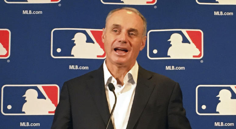 Major League Baseball commissioner Rob Manfred speaks at the baseball owners meeting in Atlanta, Thursday, Nov. 15, 2018. DO NOT USE