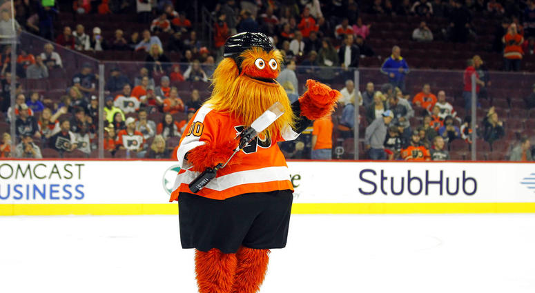n this Sept. 24, 2018 file photo, the Philadelphia Flyers mascot, Gritty, takes to the ice DO NOT USE